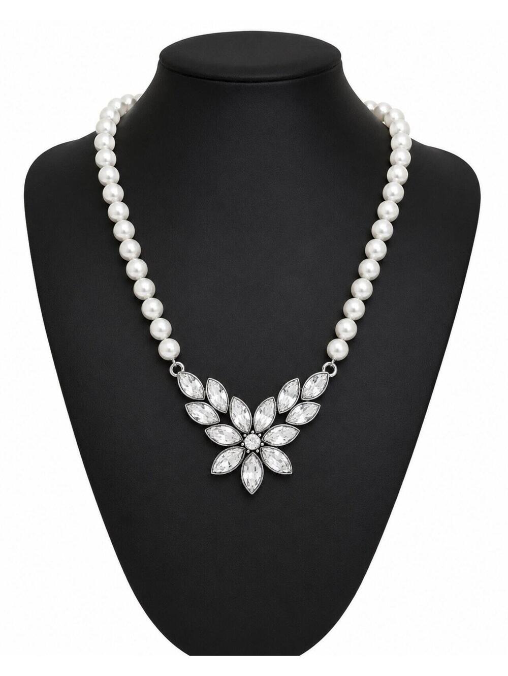 1928 Pearl Crystal Flower Statement Necklace Silver Tone Bridal NWT